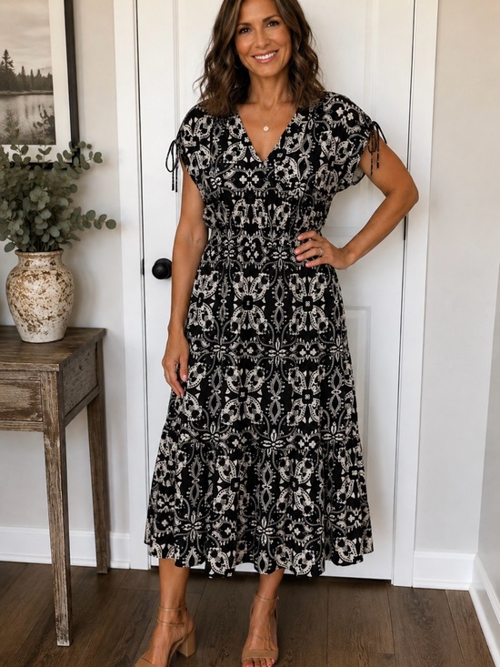 LOFT Dresses & Skirts - LOFT Black and Cream Printed V-Neck Maxi Dress